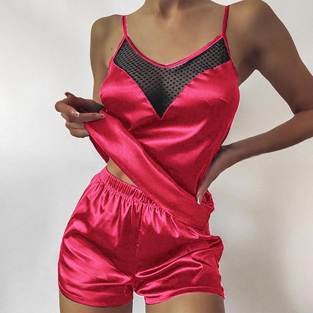 Satin Pajamas  Lace Pijama Nightie Sleepwear Home Clothes Tops And Shorts Women's Silk Pajamas Solid Color Pajama Set