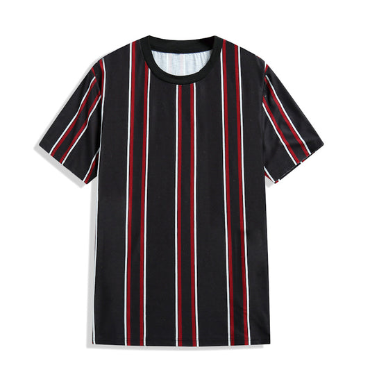 Camiseta de Color contrastante para hombre, camisa informal de verano con cuello redondo de manga corta a rayas verticales, ropa deportiva para hombre