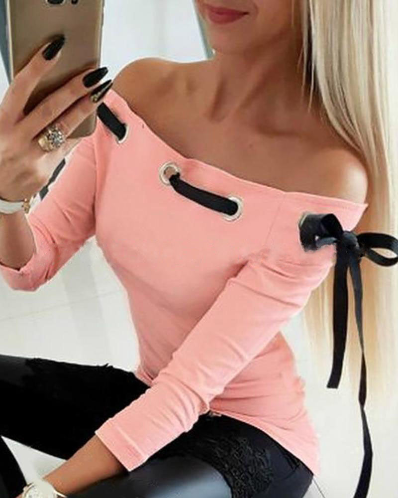 Camiseta Sexy De Manga Larga Con Hombros Descubiertos Para Mujer, Remera Ajustada Con Lazo Calado, Camisetas Cortas Para Mujer