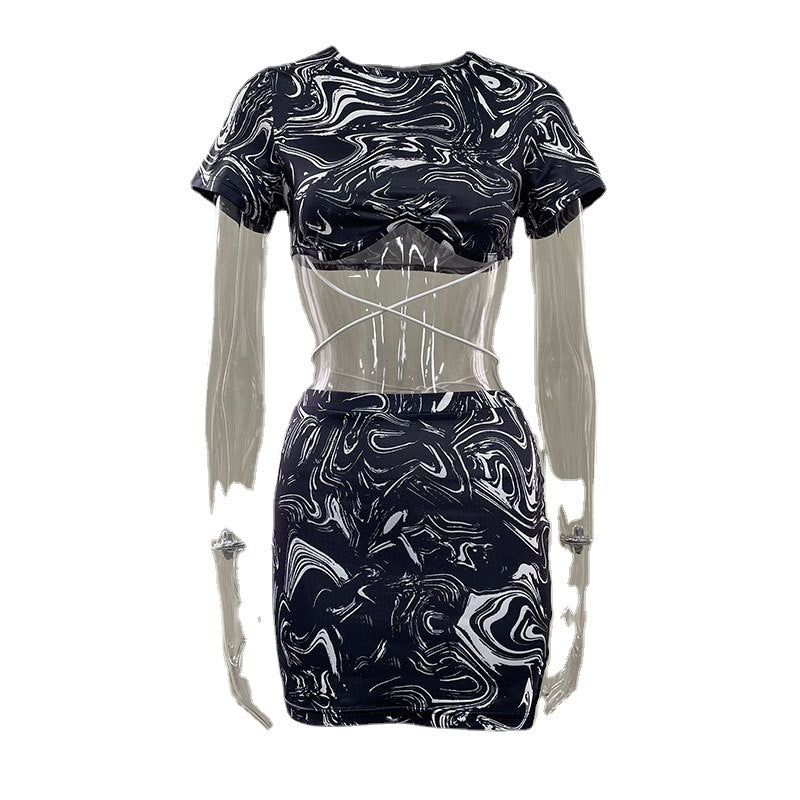 European And American Lace Up Top And Skirt Short Skirt Printing Suit